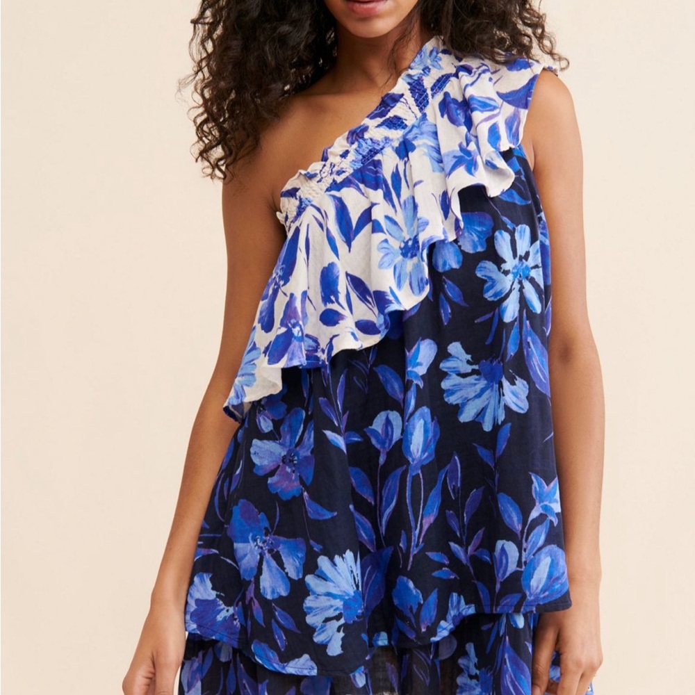 Anthropologie Blue Floral One-Shoulder Dress